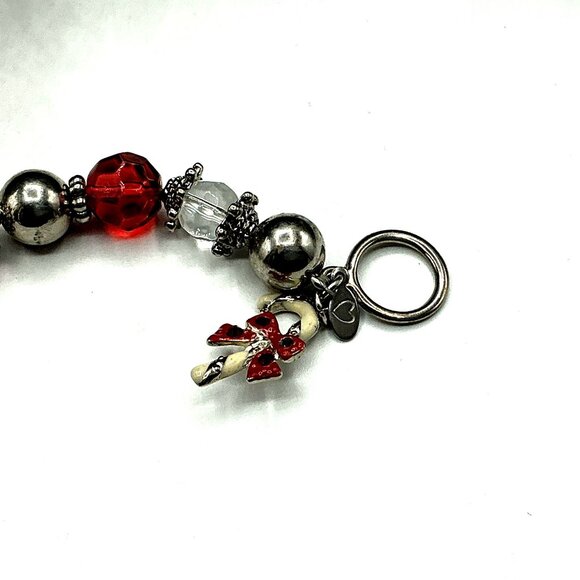 Beaded Bracelet Red and Clear With Silver Accents and Candy Cane Charm - Picture 8 of 8